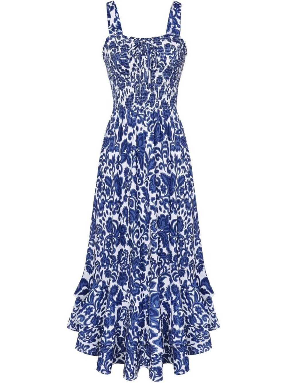 Women's Dark Blue Square Neck Strapped A LINE Floral Boho Long Maxi Dress